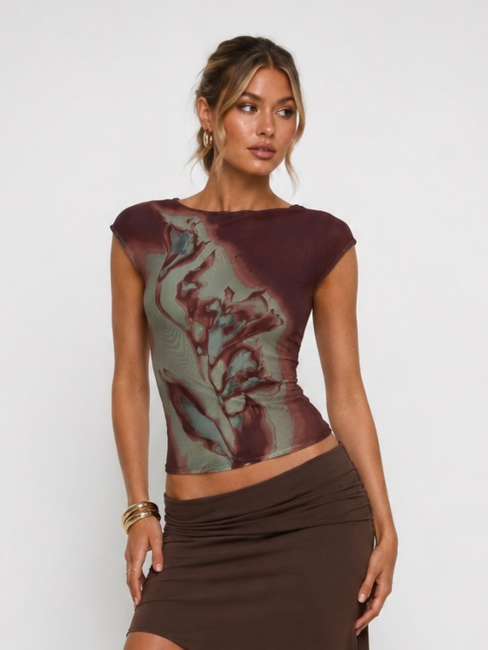 Princess Polly Burgundy and Sage Cap-Sleeve Printed Top - Picture 1 of 4